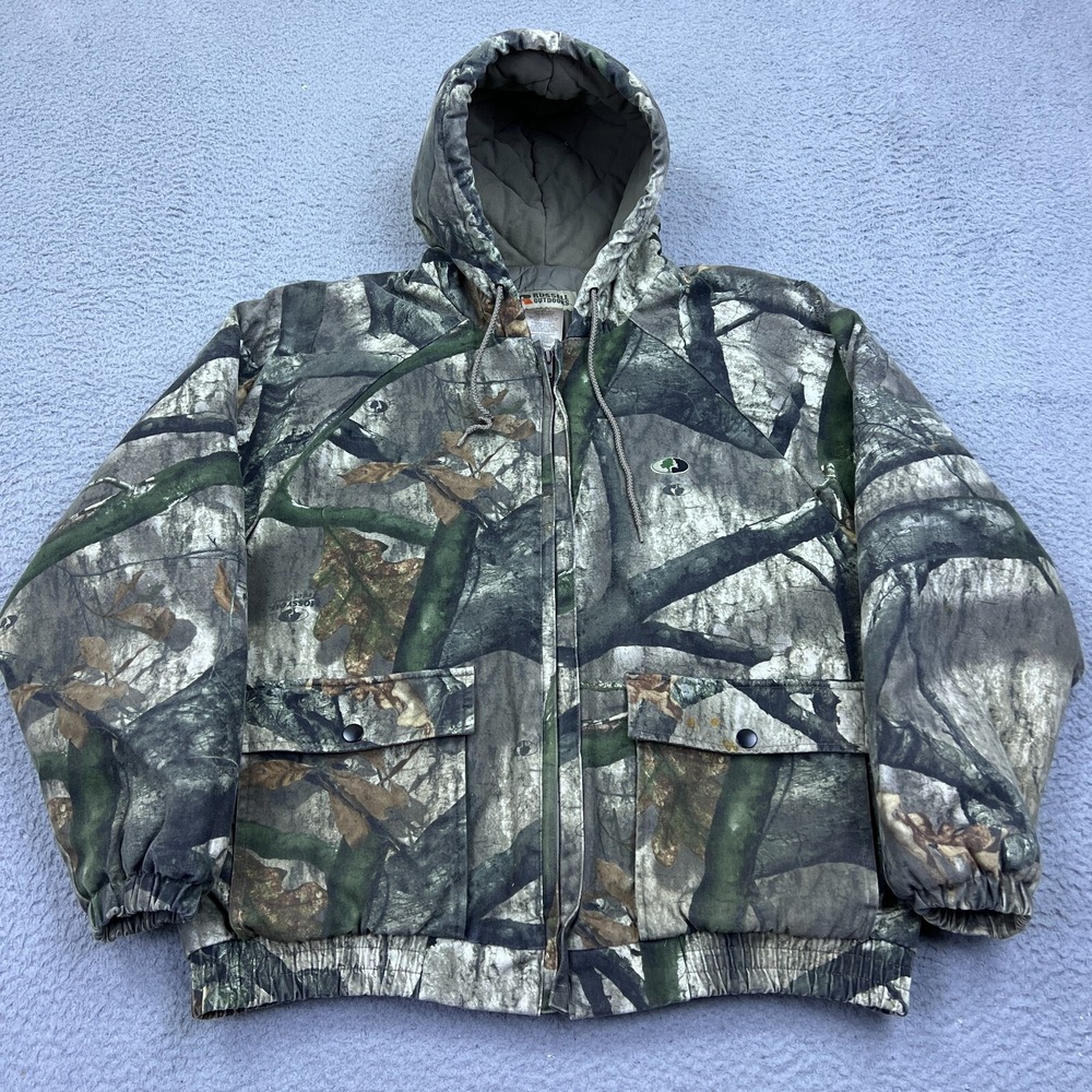 VTG Russell Outdoors Real Tree Mens‎ Large Bomber Hooded Jacket Camo Camouflage